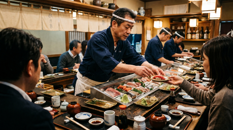Sushi chef serving nigiri during an omakase meal