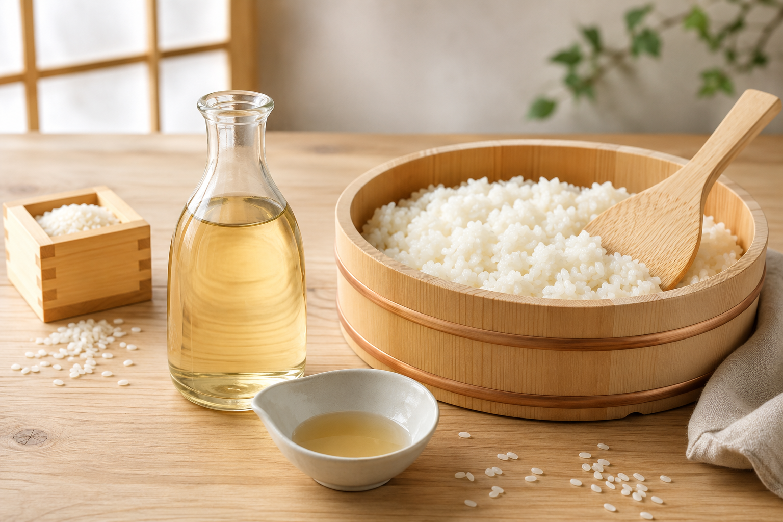 Japanese rice vinegar beside freshly cooked short-grain rice in a wooden hangiri
