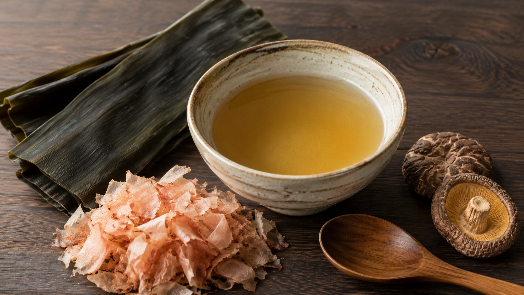 Japanese umami ingredients including kombu, bonito flakes, dried shiitake mushrooms, and dashi