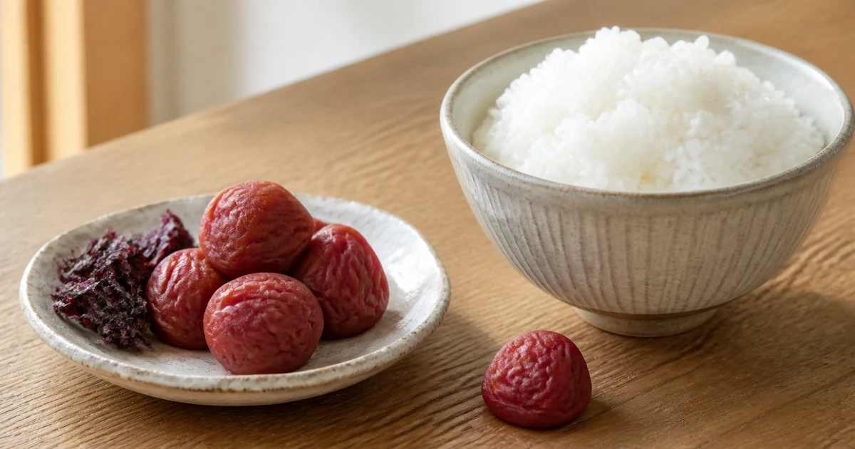 Red shiso umeboshi served with a bowl of Japanese white rice