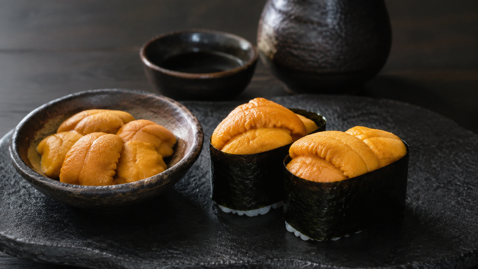 Golden-orange uni served as gunkan sushi with additional sea urchin in a ceramic bowl
