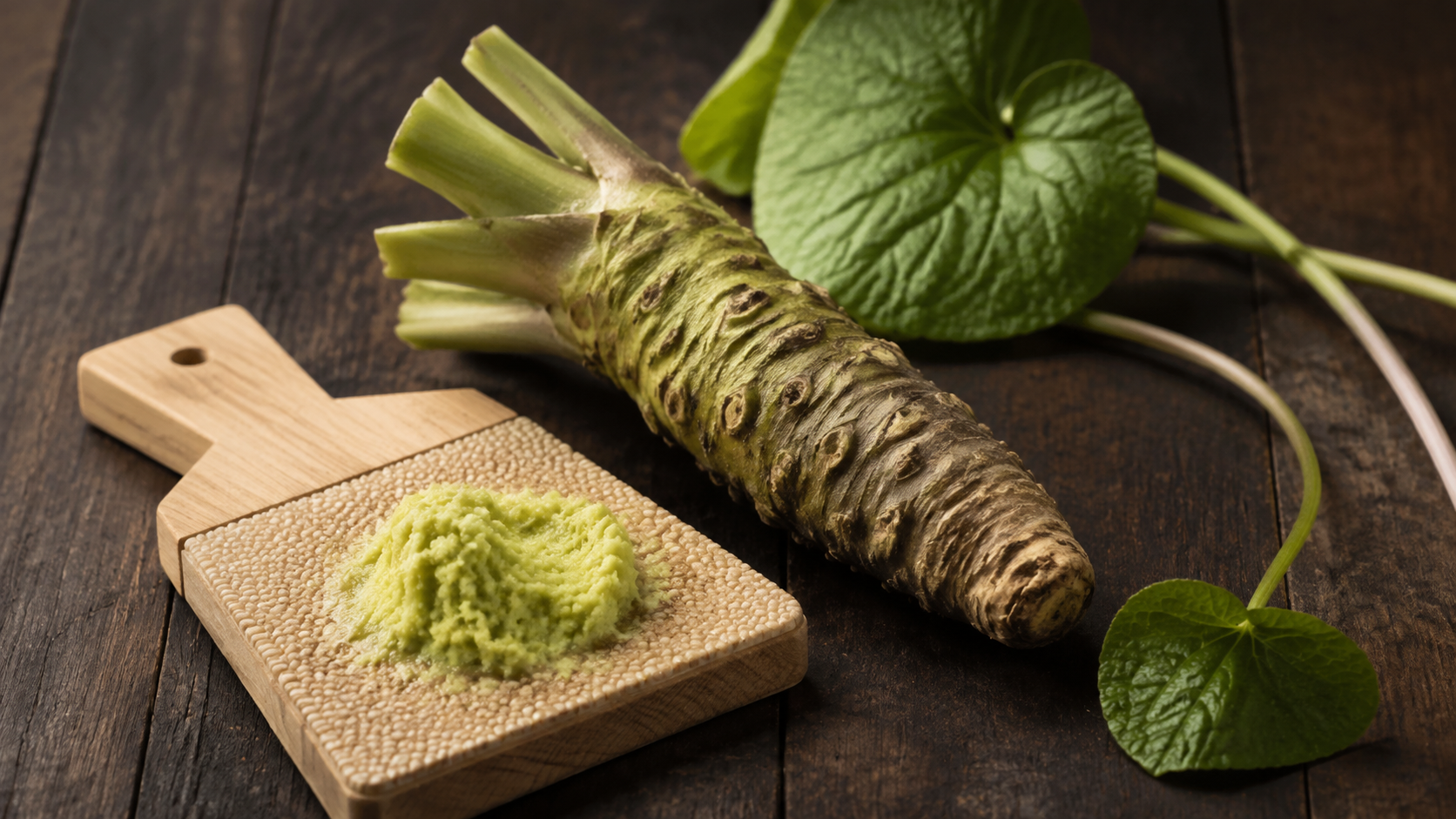 Fresh Japanese wasabi rhizome with grated wasabi on a traditional grater