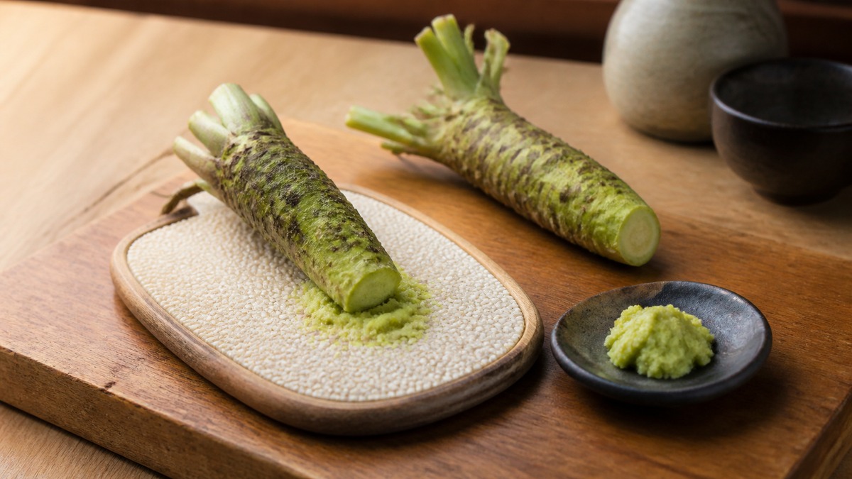 Fresh Japanese wasabi rhizome with grated wasabi and a sharkskin grater