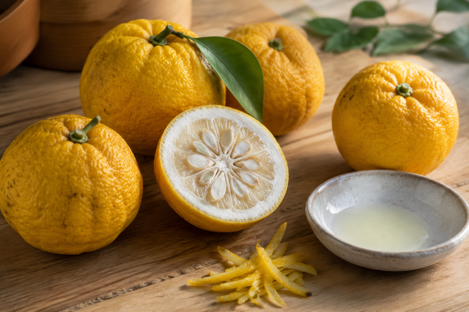 Fresh yellow yuzu fruits, including one cut open, with aromatic peel and yuzu juice