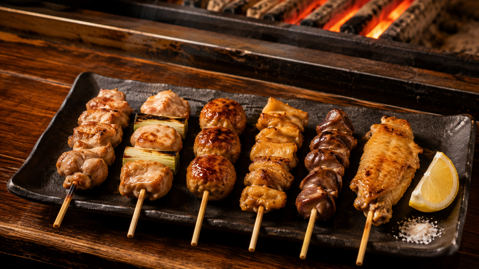 Different yakitori cuts served as Japanese grilled chicken skewers