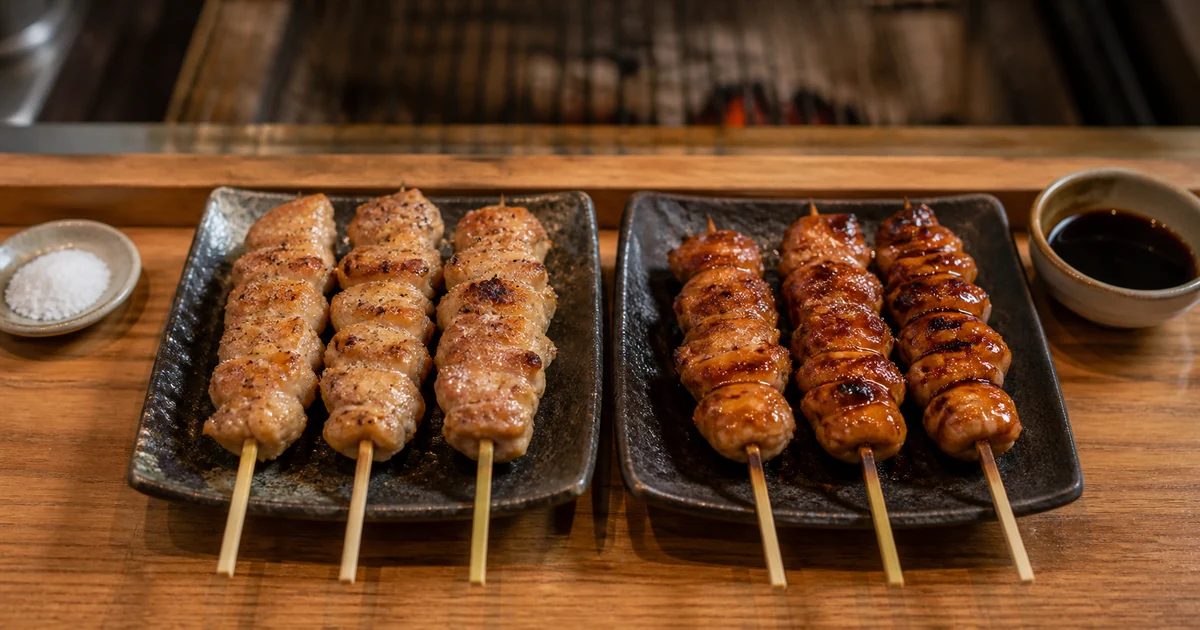 Shio and tare chicken yakitori skewers served side by side at a Japanese grill