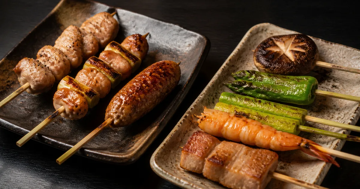 Assorted yakitori and vegetable kushiyaki skewers on ceramic plates