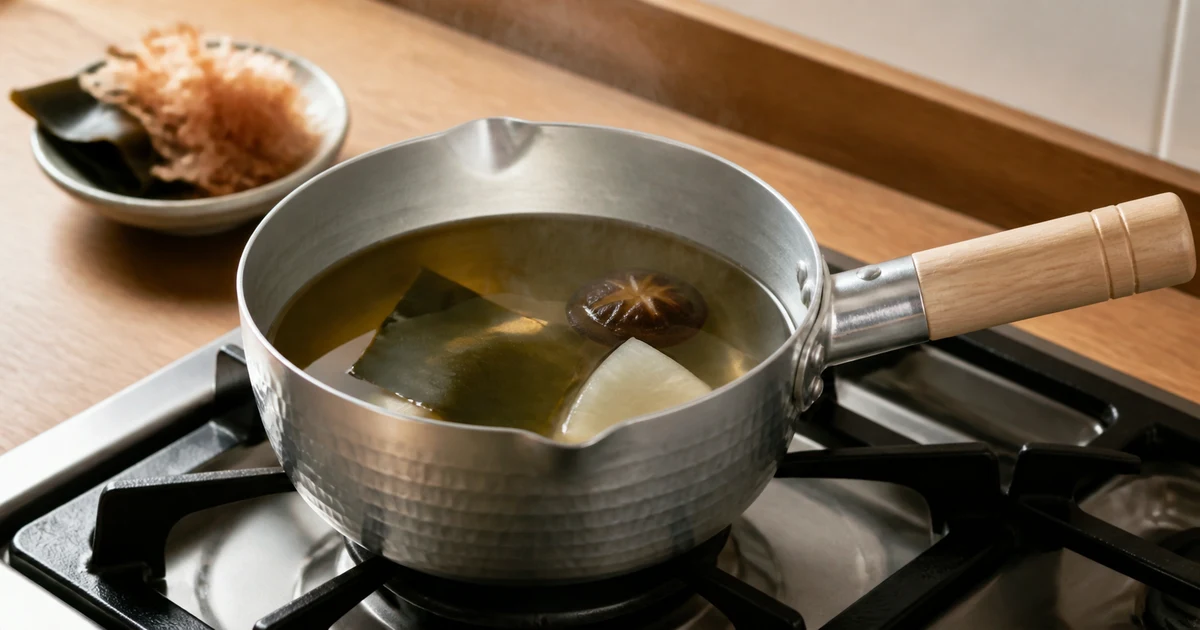 Hammered aluminum yukihira saucepan holding dashi on a gas stove