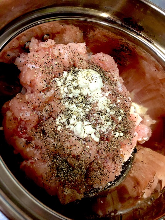 Chilled ground chicken mixture being prepared for tsukune yakitori