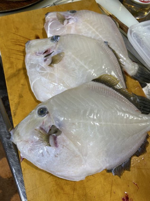 Skinned Filefish Before Filleting Three skinned filefish prepared on a cutting board