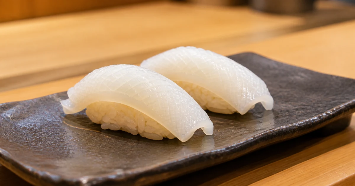 Two pieces of finely scored squid nigiri on a dark Japanese ceramic plate