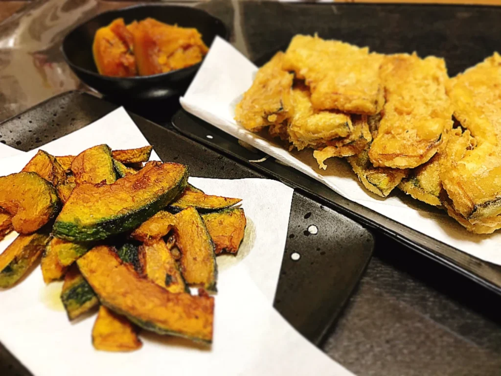 Three Ways to Prepare Kabocha in Japan Kabocha prepared as battered tempura, unbattered suage, and simmered pumpkin