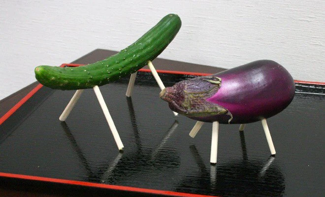 Obon Cucumber Horse and Eggplant Cow Cucumber horse and eggplant cow made with stick legs for an Obon display