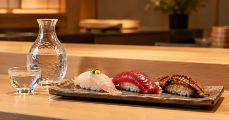 Unbranded sake carafe and cup beside white fish, tuna, and anago nigiri at a sushi counter