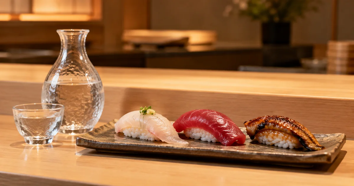 Unbranded sake carafe and cup beside white fish, tuna, and anago nigiri at a sushi counter