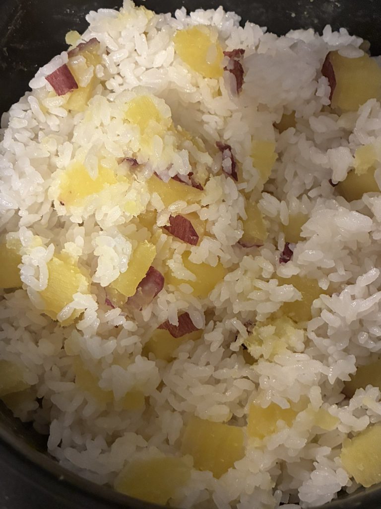 Satsumaimo Gohan Sweet Potato Rice Freshly cooked Japanese rice mixed with yellow sweet potato pieces and pieces of purple-red skin