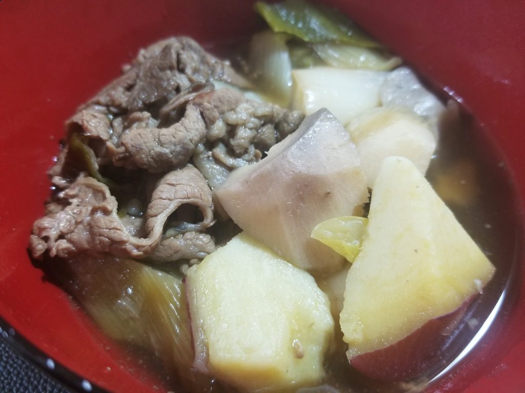 Sweet Potato Simmered With Beef Large pieces of purple-skinned sweet potato simmered with thin slices of beef in a savory broth
