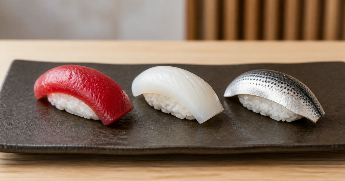 Three nigiri pieces—tuna, squid, and silver-skinned fish—arranged on a dark ceramic plate